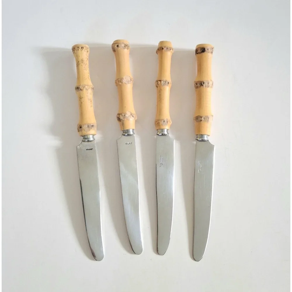Vintage Mid Century Modern‎ Bamboo Tiki Silverware 4 pc Knives Stainless Japan